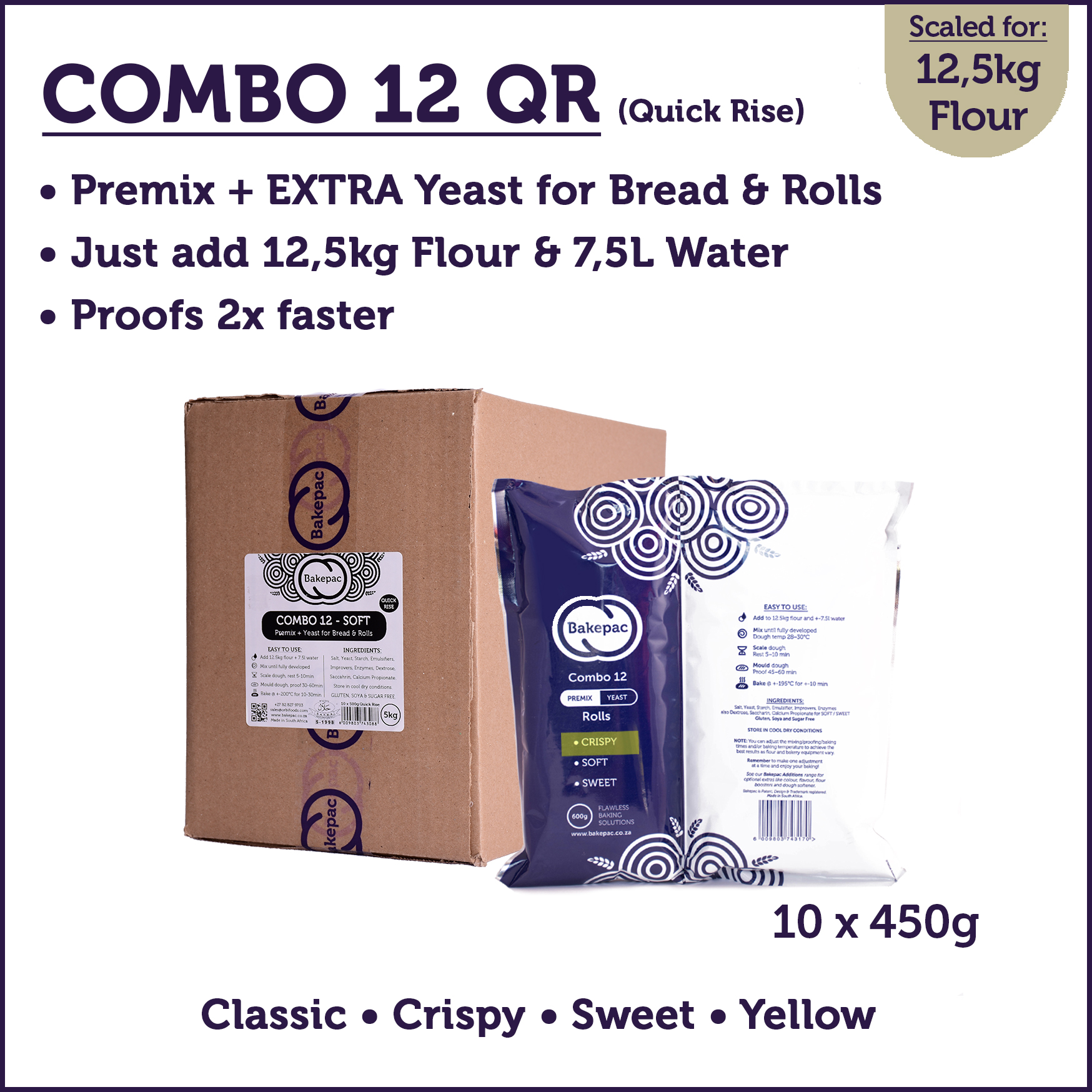 COMBO-12 Premix+Yeast² (10×450g) Bakes Bread, Rolls & lots more… Just add 12.5kg Flour + 7.5l Water (Quick Rise)